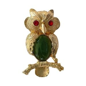 OWL BROOCH Pendant  Features Large Jade Gemstone Jelly Belly